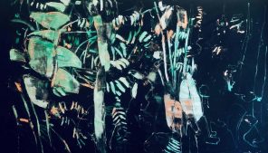 Giovanni Frangi, Heliconia Paradise. Olio su velluto nero, 220x400 cm, 2022
